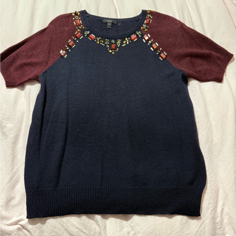 J. Crew Blue and Red Crew Neck Sweater Shirt with Embellishments